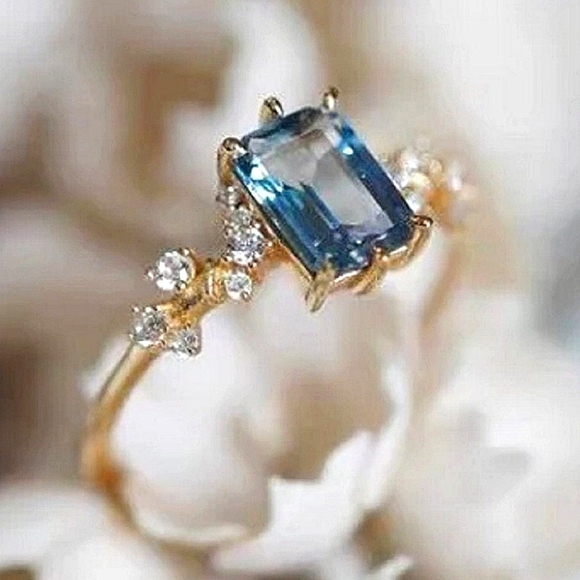 Luxury Gold Vermeil Emerald Cut Blue Topaz Engagement Ring - Picture 3 of 5